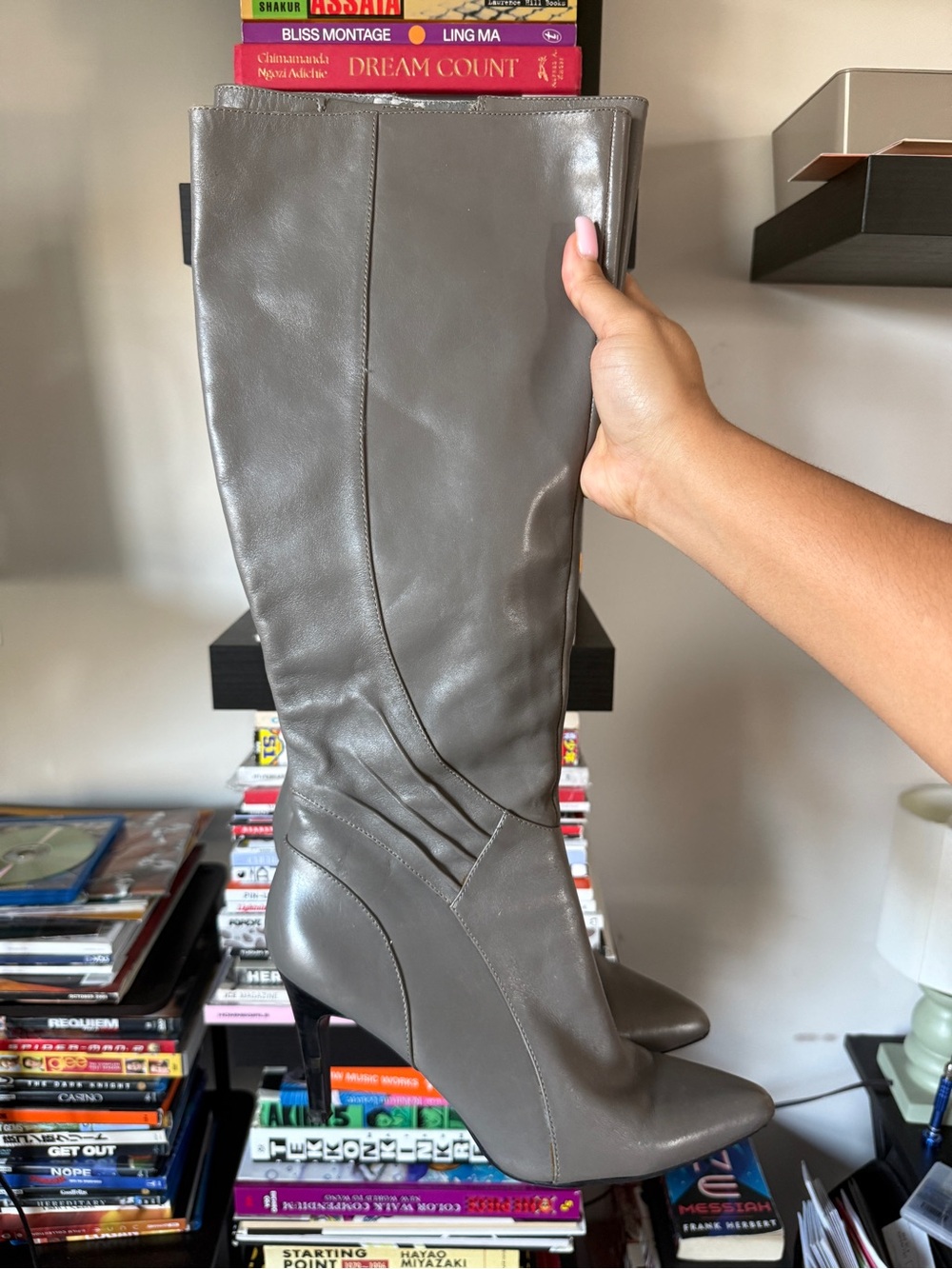 Nine West Grey Leather Over-the-Knee Pointed Toe Boots
